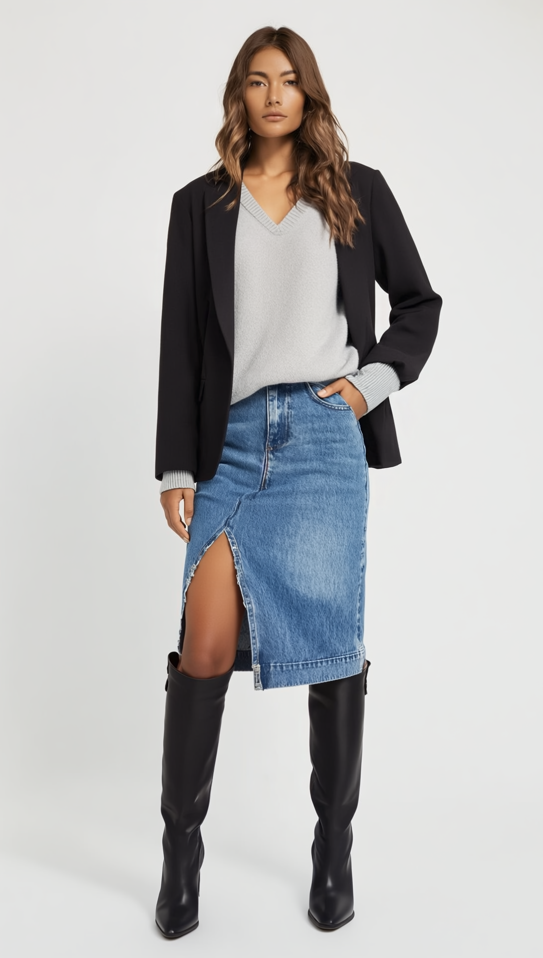 Sweater and denim skirt outfit visualization