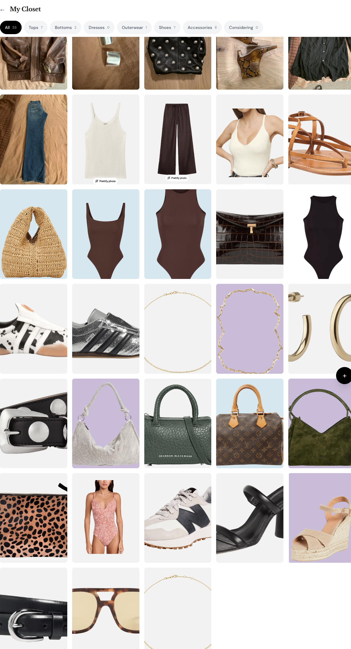 Wardrobe grid showing uploaded clothing items